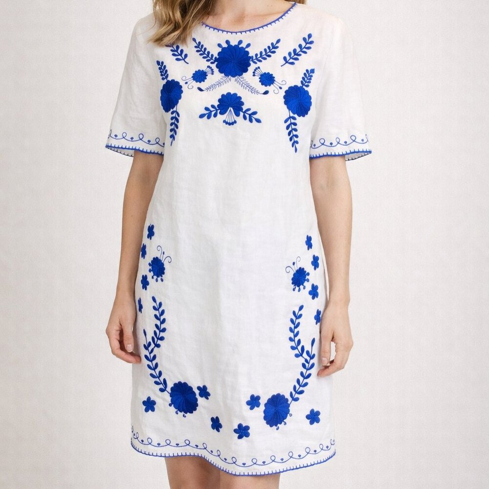 Zara, linen embroidered sun dress, sz M, white and indigo, mexican/boho/prairie